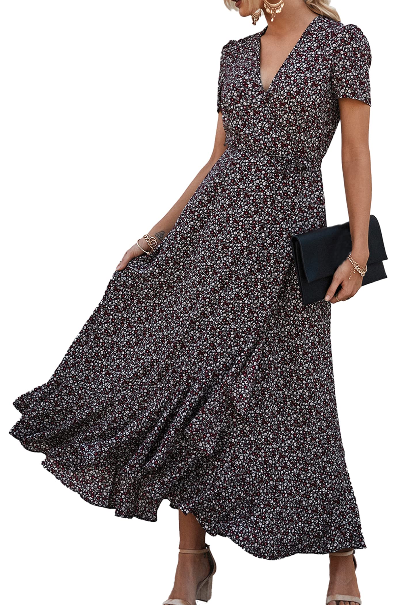 PRETTYGARDEN Women's Summer Maxi Dress Casual Wrap Floral Boho Short Sleeve V Neck Split Ruffle Beach Long Dresses