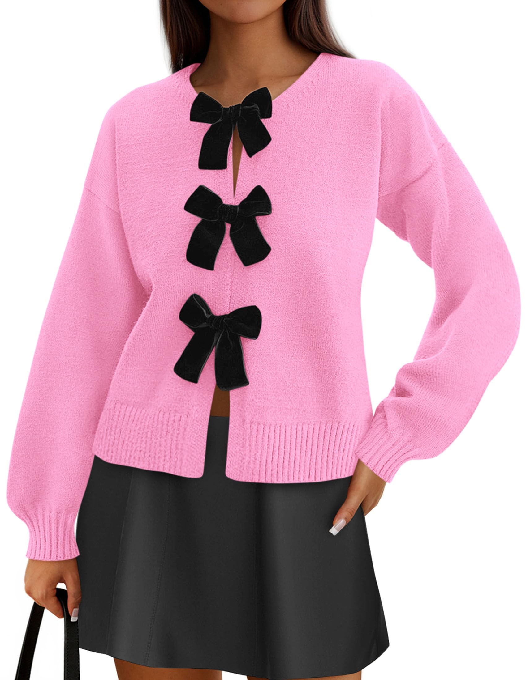 PRETTYGARDEN Cardigan Sweaters for Women Fall Fashion Bow Tie Front Long Sleeve Knit Sweater Tops Cute Winter Clothes