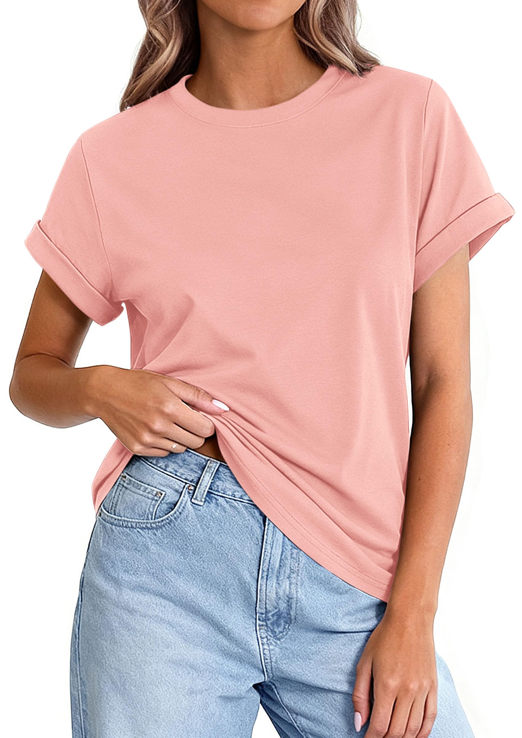 PRETTYGARDEN Womens Summer Tops Spring Casual Rolled Short Sleeve Basic Tees Crew Neck Work Shirts Fashion Clothing