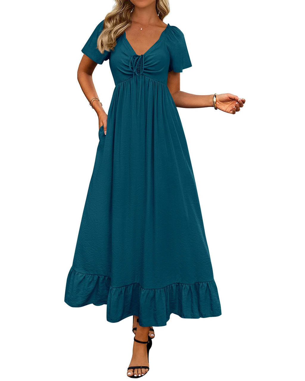 BTFBM Womens Spring Dresses Casual Short Sleeve V Neck Drawstring Wedding Guest Maxi Dresses Boho Beach Long Dress