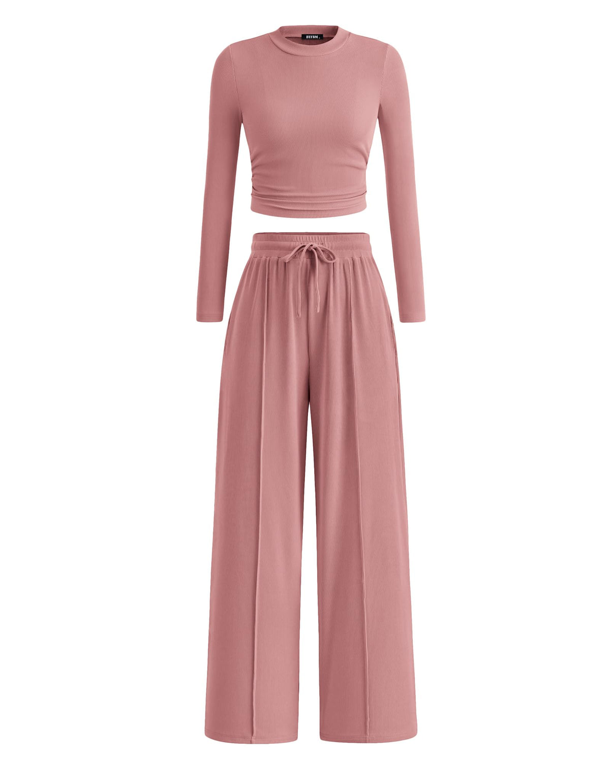 BTFBM Casual 2 Piece Sets For Women Fall Outfits Ribbed Spring Long Sleeve Crop Top Wide Leg Pants Matching Lounge Set