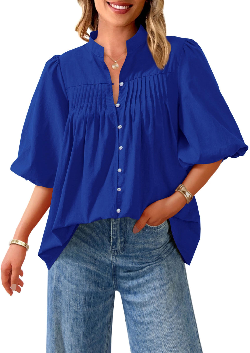 PRETTYGARDEN Women's  Summer Short Lantern Sleeve Tops Loose Fit Button Down Shirt Pleated V Neck Blouses Trendy Clothes