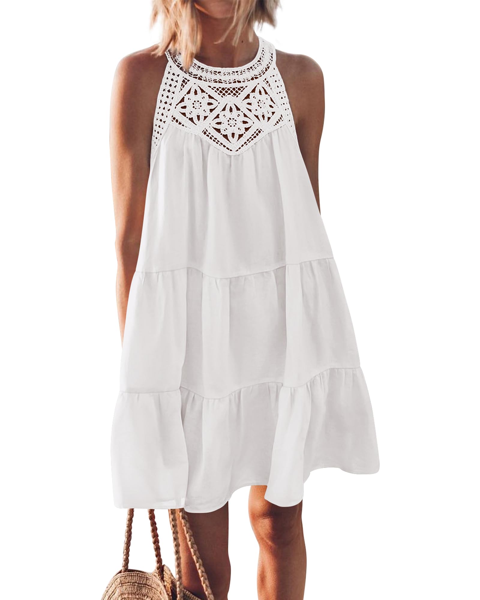 PRETTYGARDEN  Women Summer Dresses Casual Spring Clothes Sleeveless Halter Neck A-Line Tiered Mini Dress Beach Sundress