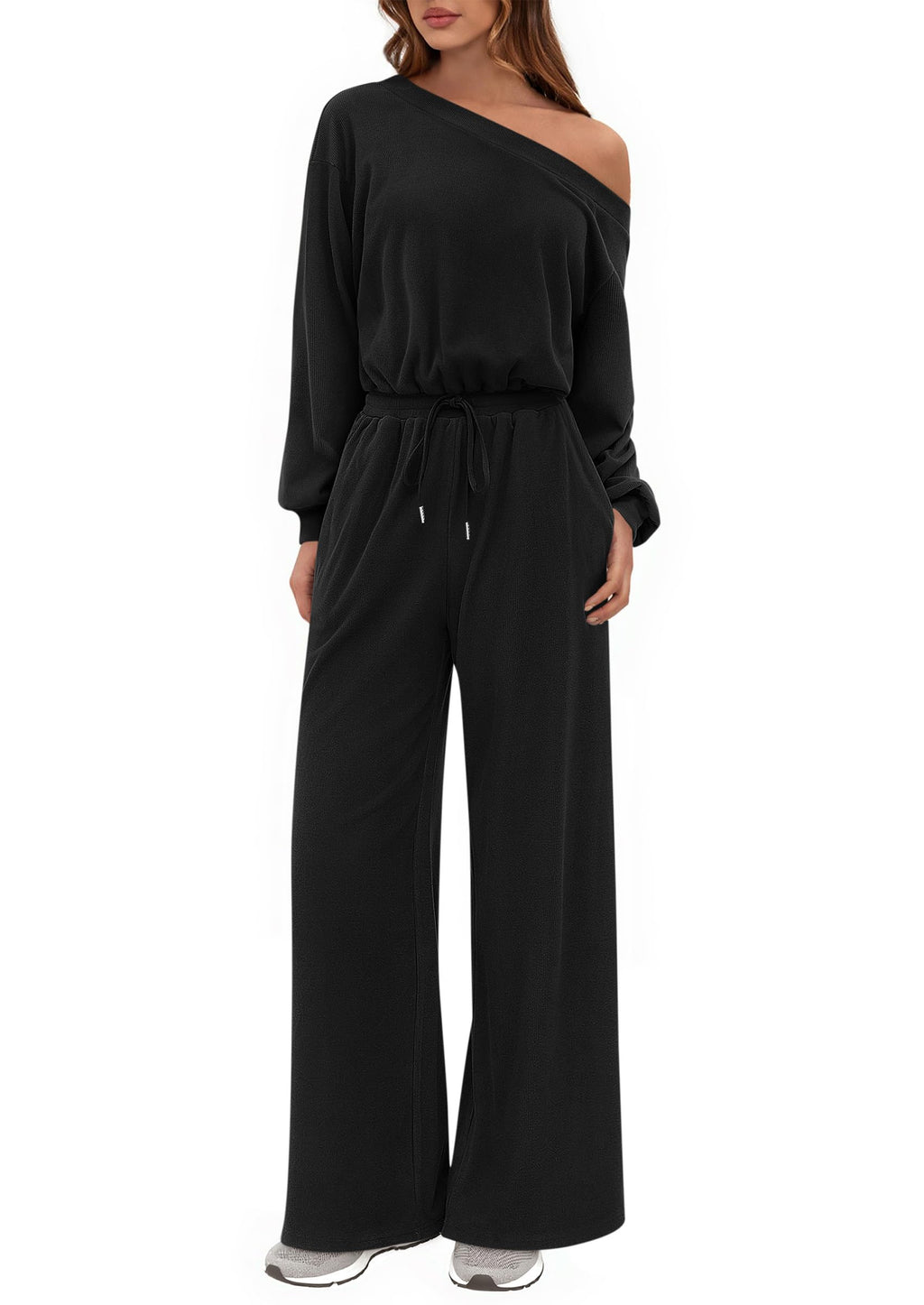 PRETTYGARDEN Long Sleeve Jumpsuit For Women Dressy Off Shoulder One Piece Loose Wide Leg Jumpsuits Casual Flowy Romper