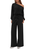 PRETTYGARDEN Long Sleeve Jumpsuit For Women Dressy Off Shoulder One Piece Loose Wide Leg Jumpsuits Casual Flowy Romper
