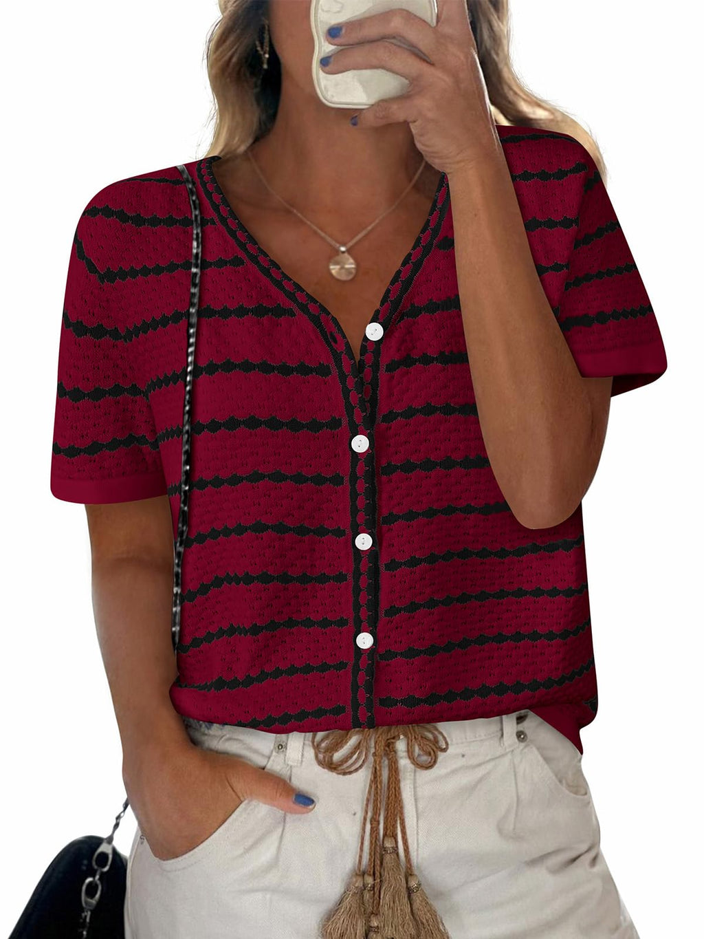 FreshPretty Women's Short Sleeve Sweater Spring Summer Crochet Knit Tops V Neck Striped Button Down Dressy Casual Blouses