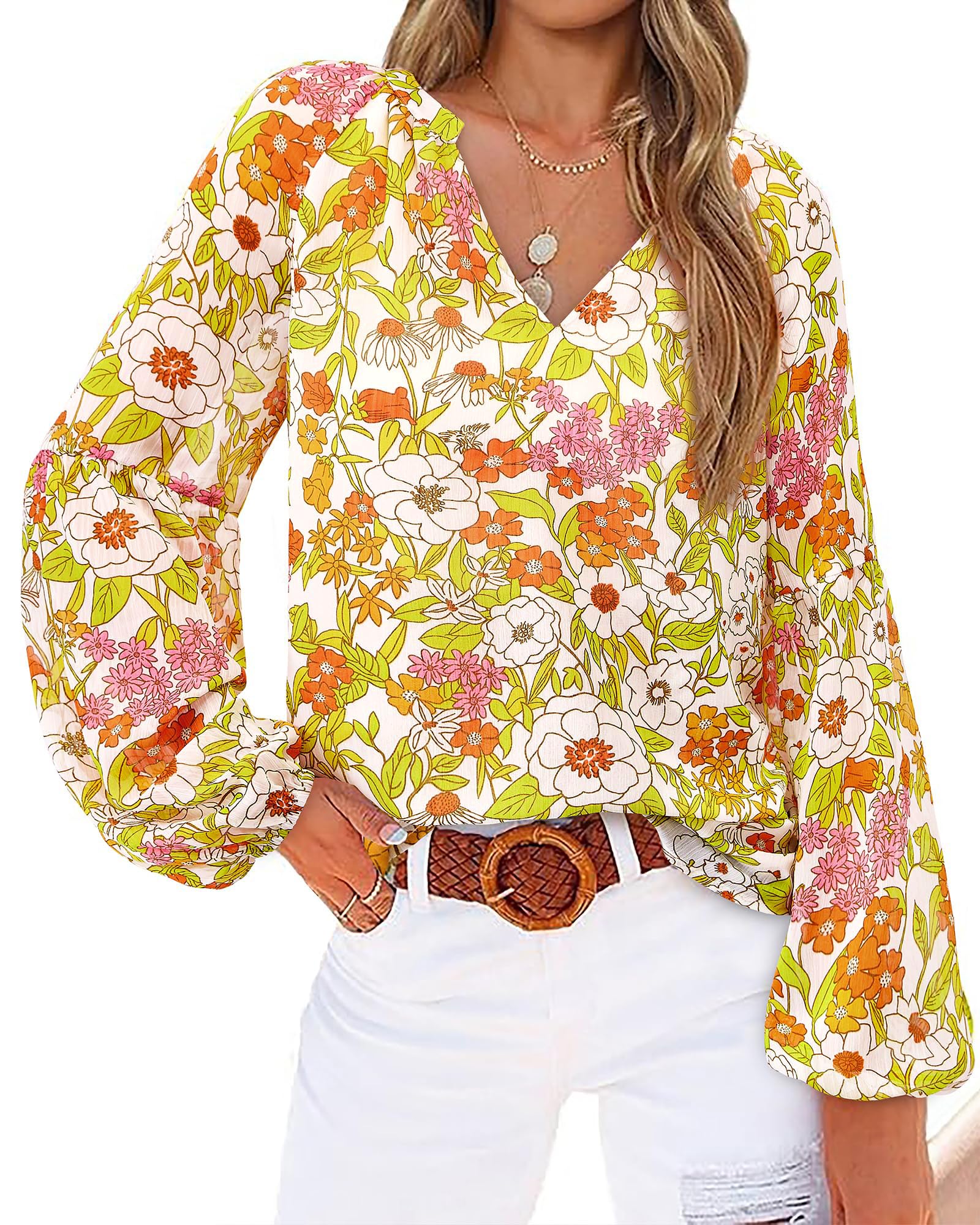 FreshPretty Blouses for Women Floral Boho Tops V Neck Lightweight Long Sleeve Shirts Fall Dressy Casual Vacation Outfits