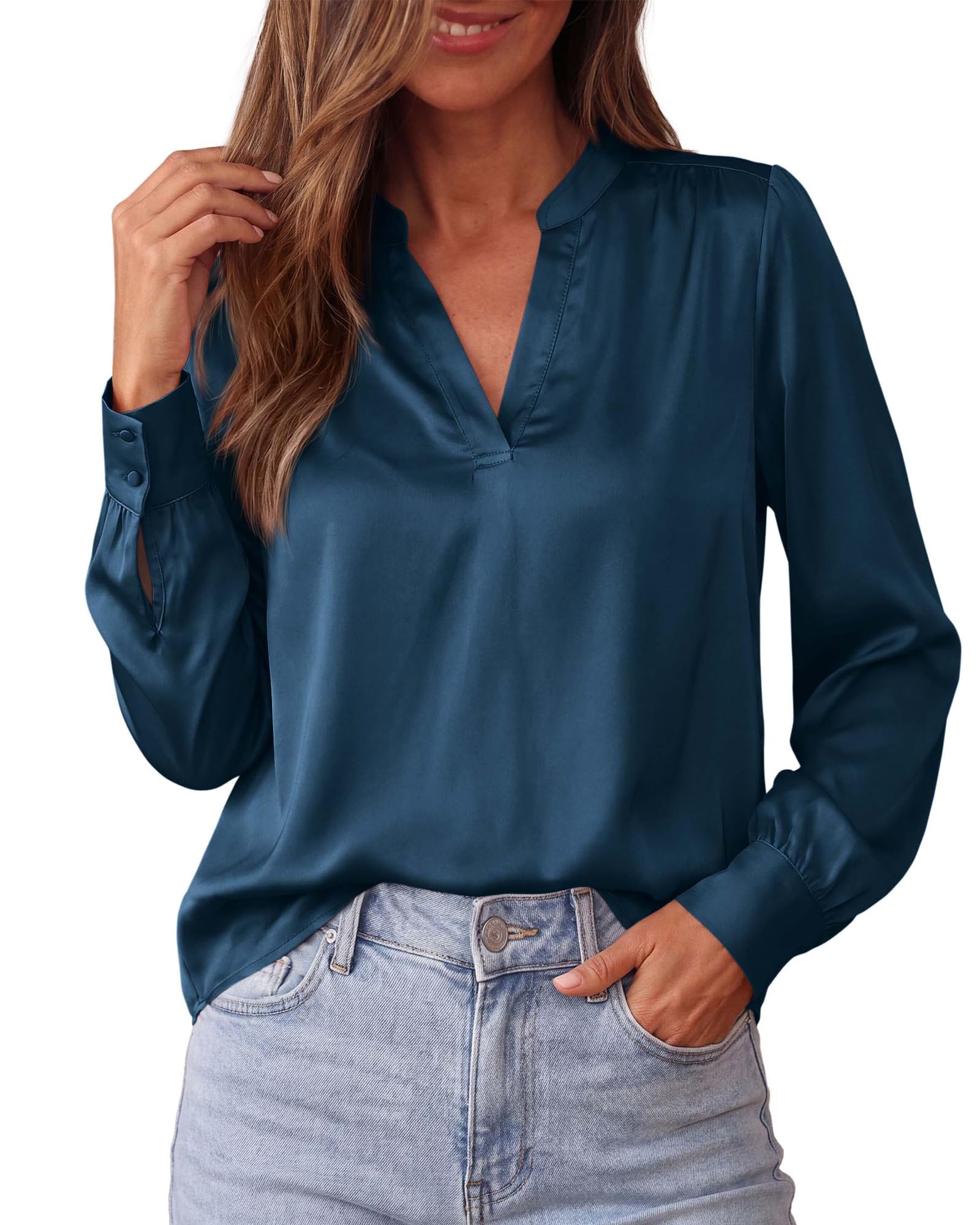 BTFBM Satin Blouses for Women Dressy Casual | Lightweight,V Neck,Long Sleeve Tops,Going Out Outfits,Fall Fashion Clothing