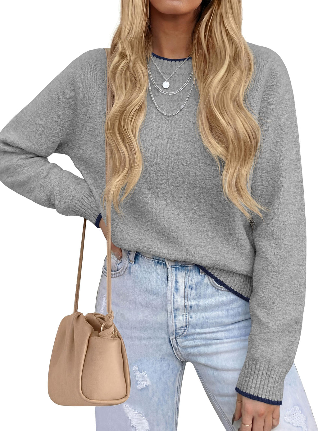 PRETTYGARDEN Womens Crewneck Fall Sweaters Pullover Tops Soft Stretchy Knit,Raglan Long Sleeve,Ribbed Cuffs,Color Block,Casual Daily Outfits,Office Work Clothes,Winter Layering Wear