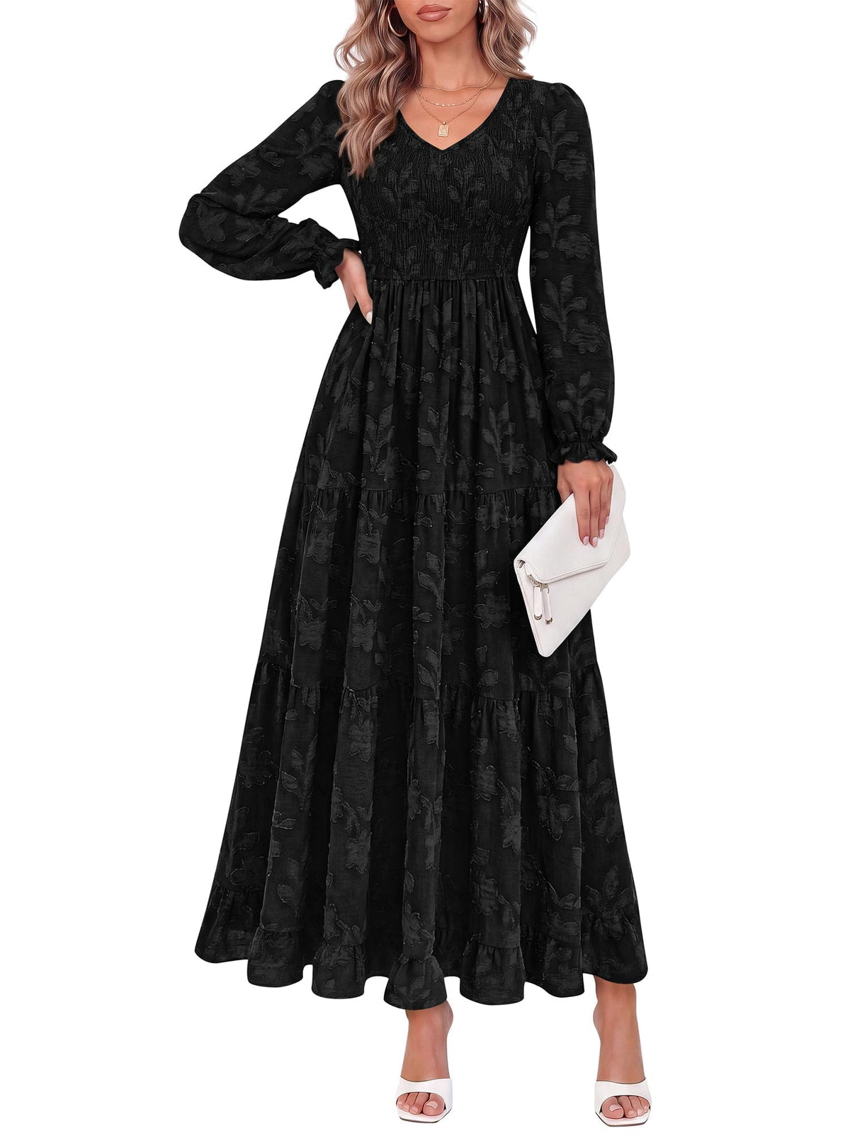 FreshPretty Womens Long Sleeve V Neck Wedding Guest Maxi Dress,Casual Floral Boho Flowy Smocked Long Dresses With Pockets, High Waist, A Line, 2026 Fall Semi Formal Cocktail Party Dress