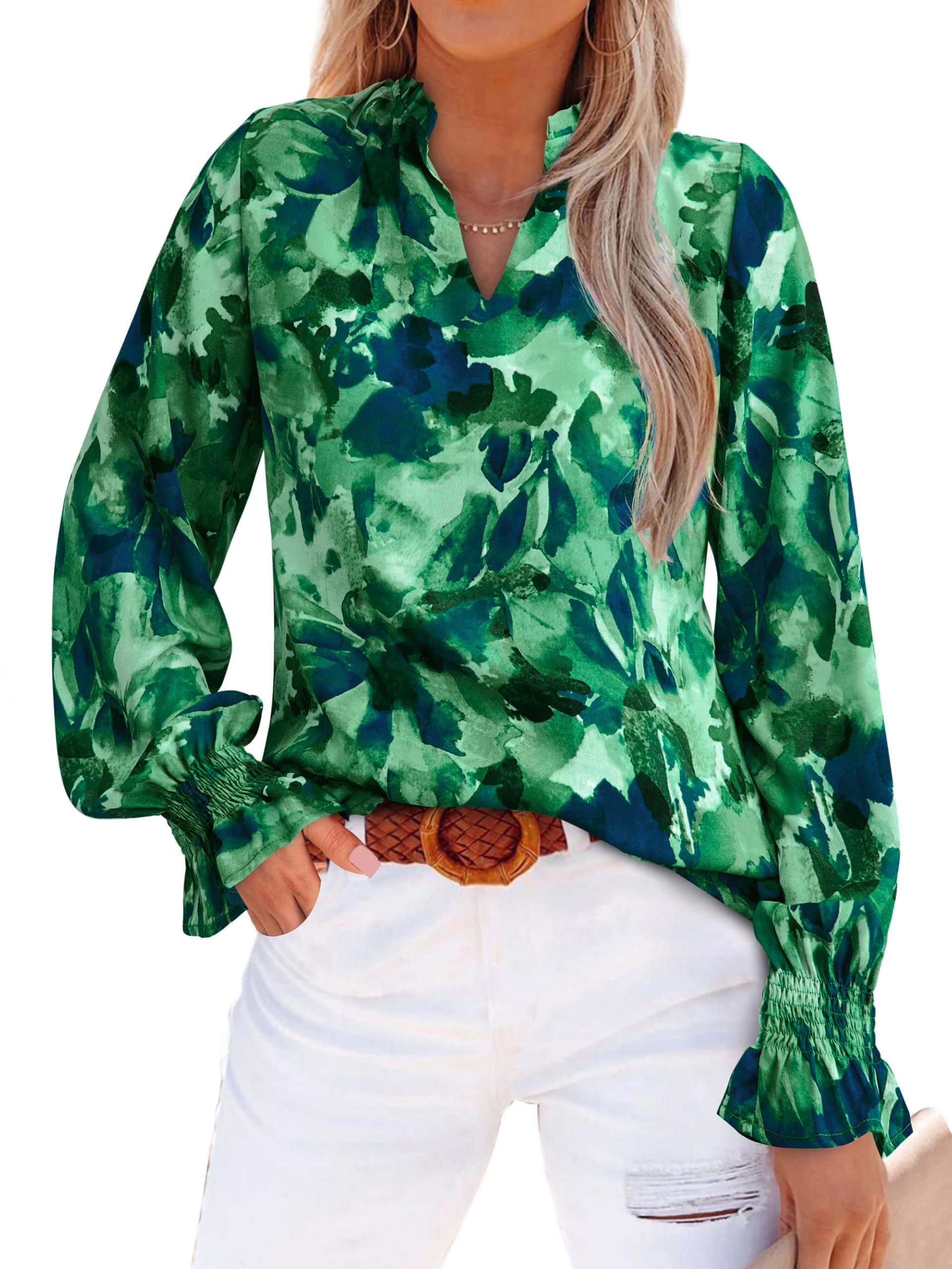 FreshPretty Womens V Neck Floral Long Sleeve Tops Summer Casual Loose Puff Sleeve Chiffon Boho Work Blouse Dressy T Shirts