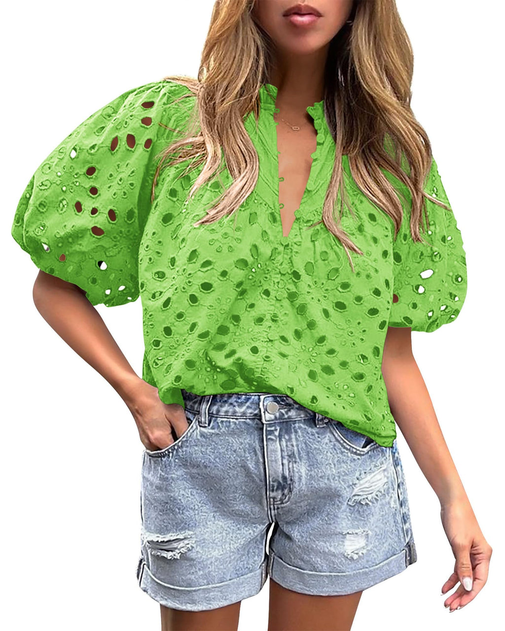 PRETTYGARDEN Women's Summer Tops Dressy Casual Short Sleeve V Neck Buttons Hollow Out Lace Embroidered Blouses Shirts