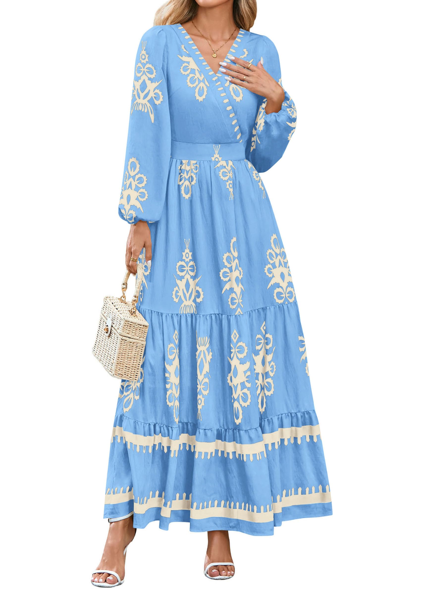 PRETTYGARDEN Women's Fall Wedding Guest Dresses Boho Floral Long Sleeve V Neck Flowy Elegant Maxi Dress Beach Clothes
