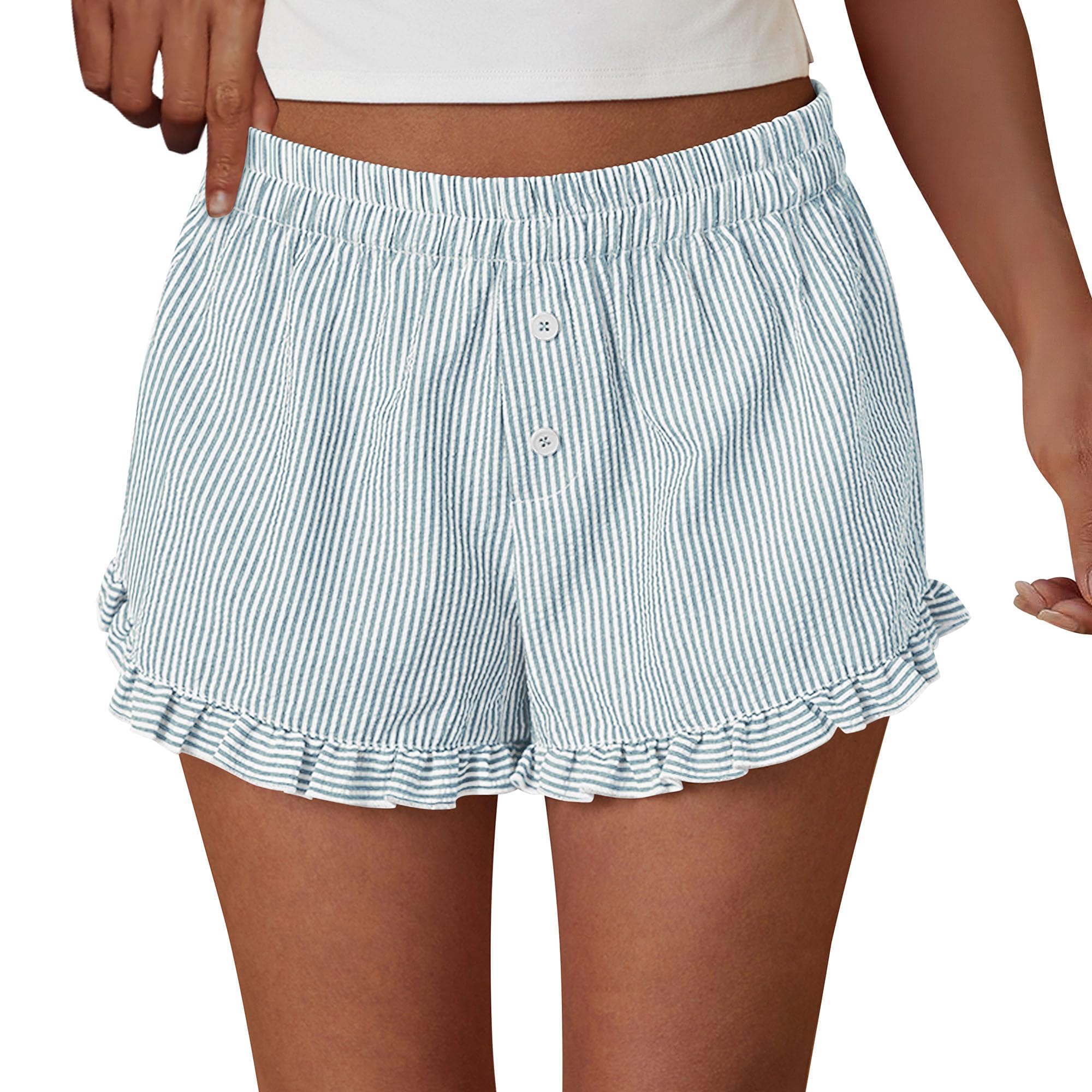 PRETTYGARDEN Womens Boxer Shorts Y2K Ruffle Pajama Summer Spring Lounge Sleep Striped Casual Beach Pj Bottoms Pockets
