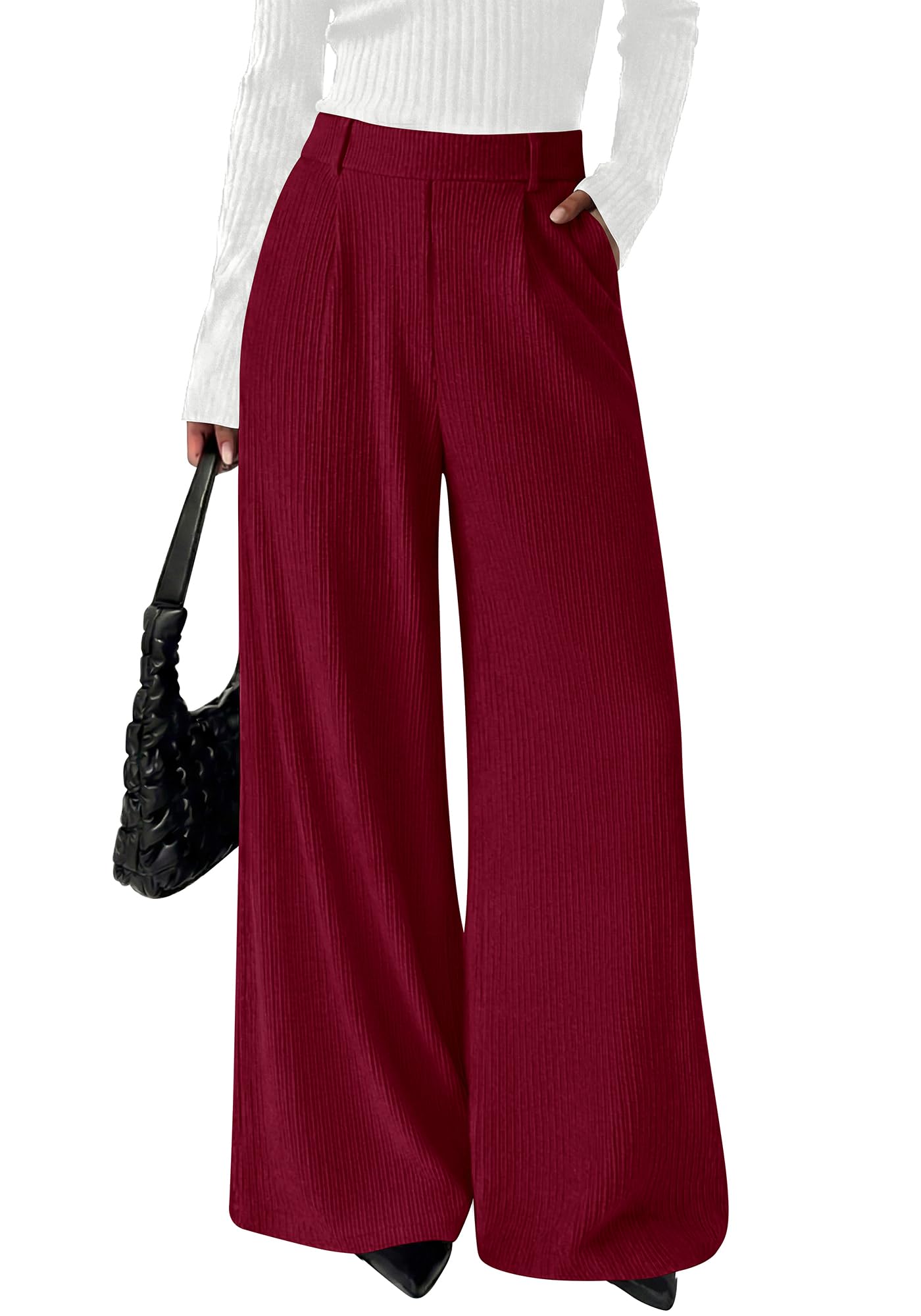 BTFBM Wide Leg Pants for Women Dressy Work Business Casual Elastic High Waisted Trousers Ribbed Lounge Palazzo Pants