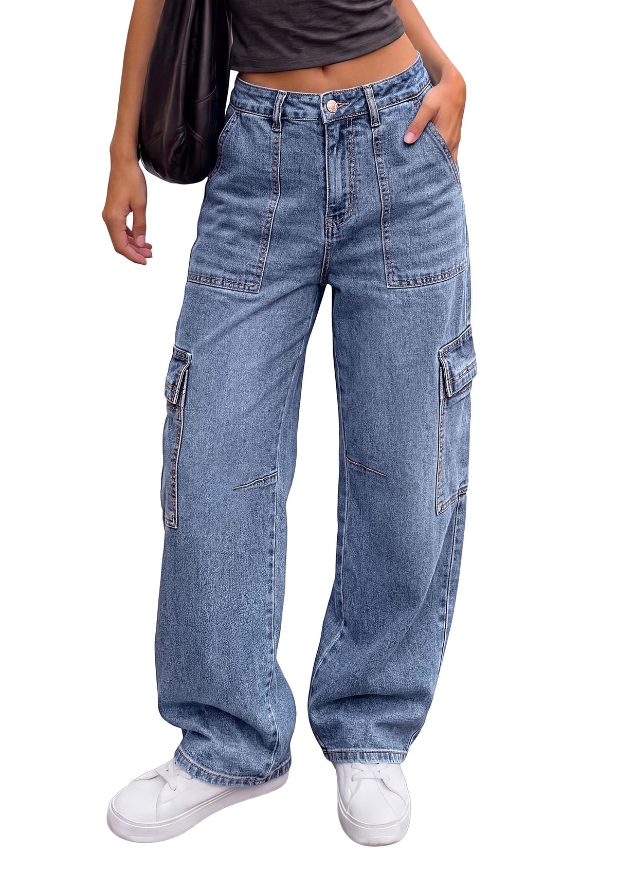 PRETTYGARDEN Barrel Pants Women Wide Leg Baggy Denim Jeans Relaxed Fit,Utility Pockets,Loose Streetwear,Boyfriend Style,Y2K Outfits,Fashion Cargo Pants,Fall Clothes