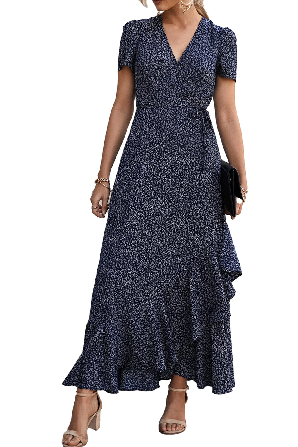 PRETTYGARDEN Women's Summer Maxi Dress Casual Wrap Floral Boho Short Sleeve V Neck Split Ruffle Beach Long Dresses