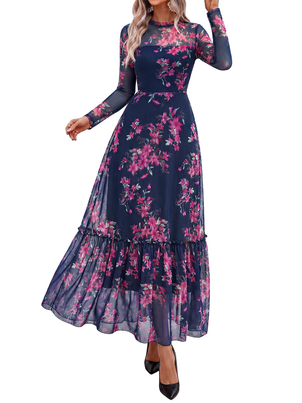 BTFBM Boho Mesh Long Sleeve Dress for Women | Mock Neck, Floral, A Line, Tiered, Graduation, Wedding, Cocktail Maxi Dresses, Fall Fashion, Resort Wear