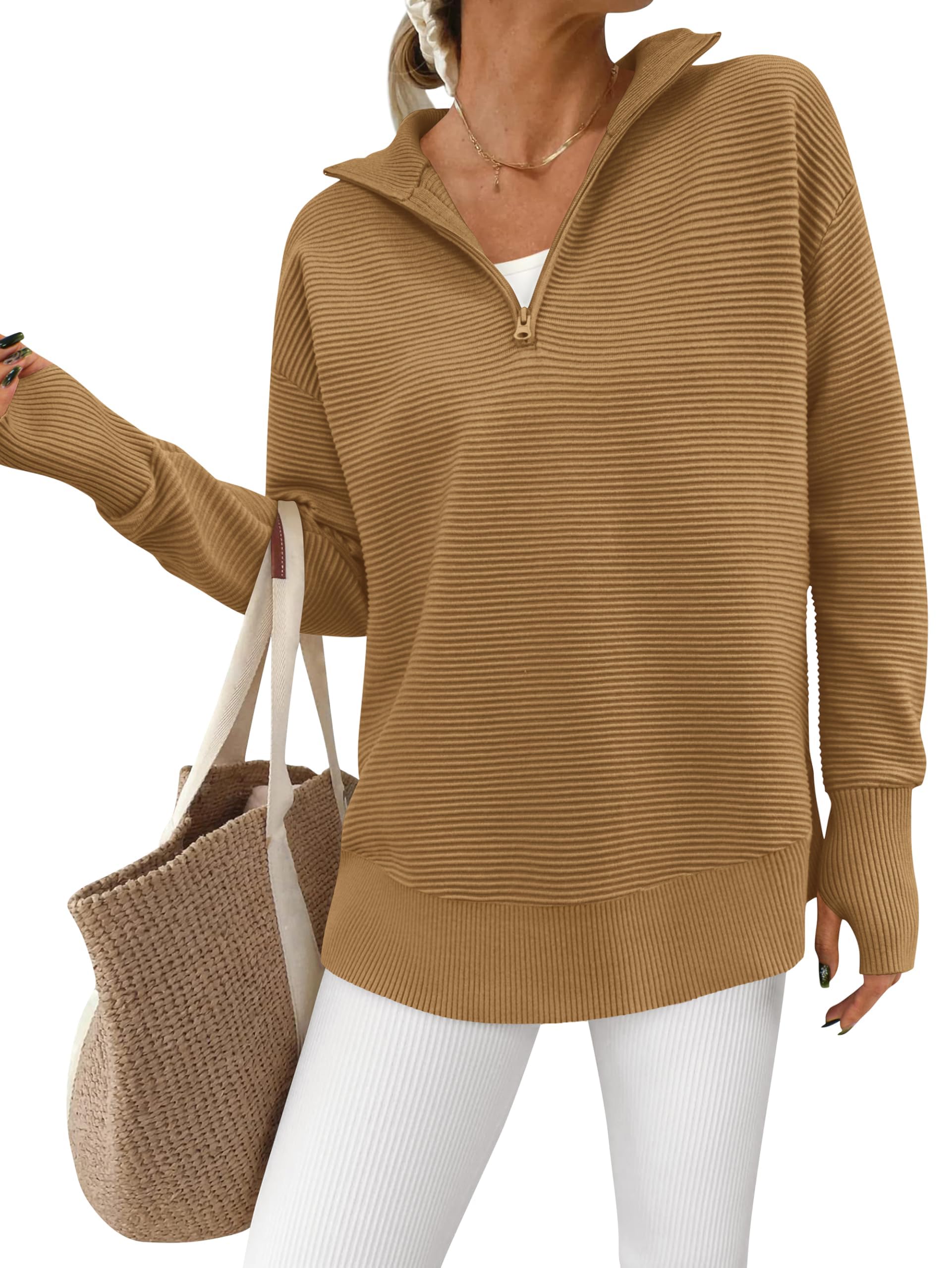 PRETTYGARDEN Womens Long Sleeve Quarter Zip Pullover Sweater Casual Loose V Neck Collared Ribbed Knit Jumper Tops Thumb Hole