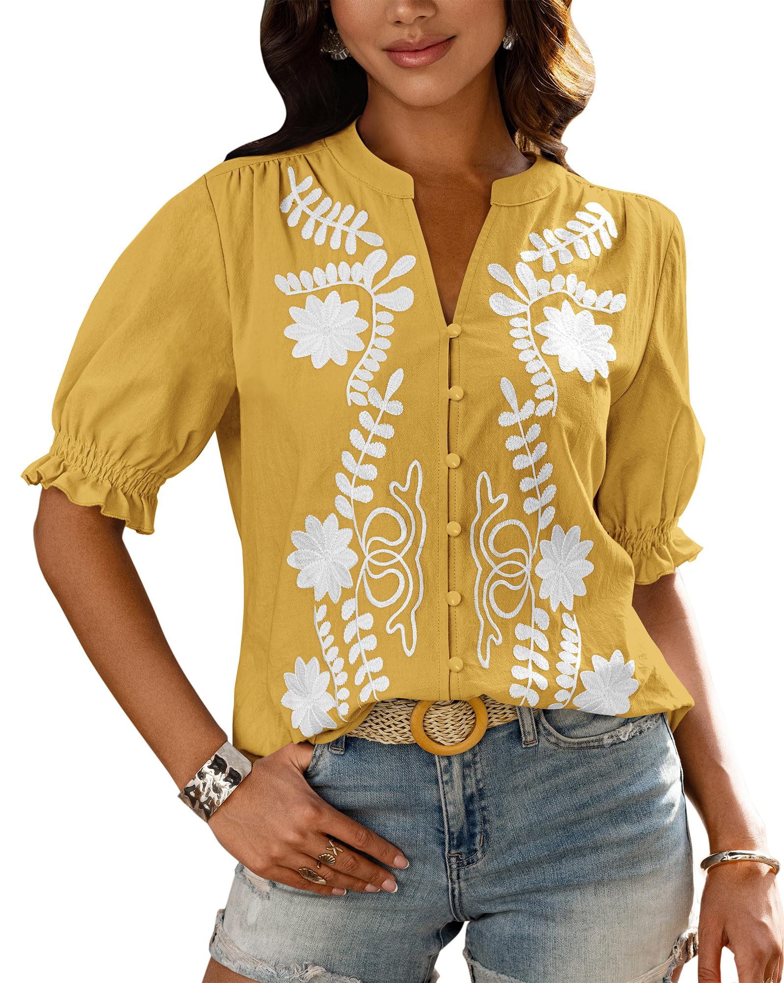 BTFBM Women's Spring Tops Casual Floral Boho V Neck Puff Short Sleeve Button Down Shirts Embroidered Blouses Tunic