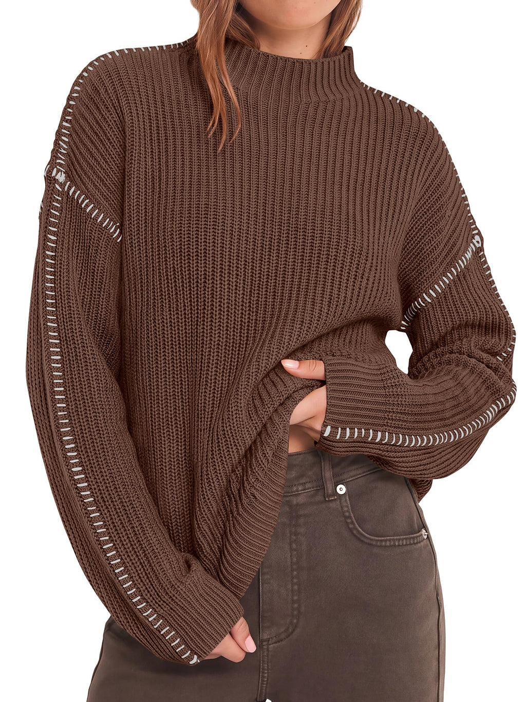 "BTFBM Womens Oversized Sweaters Contrast Chunky Knit Sweater Loose Fit Mock Neck Long Sleeve Tops, Soft Cozy Knitwear, Fall Fashion 2026, Casual Winter Clothing, Daily Going Out Outfits"