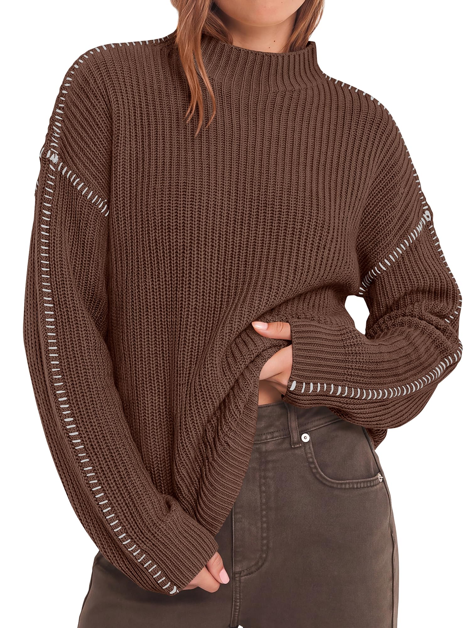 "BTFBM Womens Oversized Sweaters Contrast Chunky Knit Sweater Loose Fit Mock Neck Long Sleeve Tops, Soft Cozy Knitwear, Fall Fashion 2026, Casual Winter Clothing, Daily Going Out Outfits"