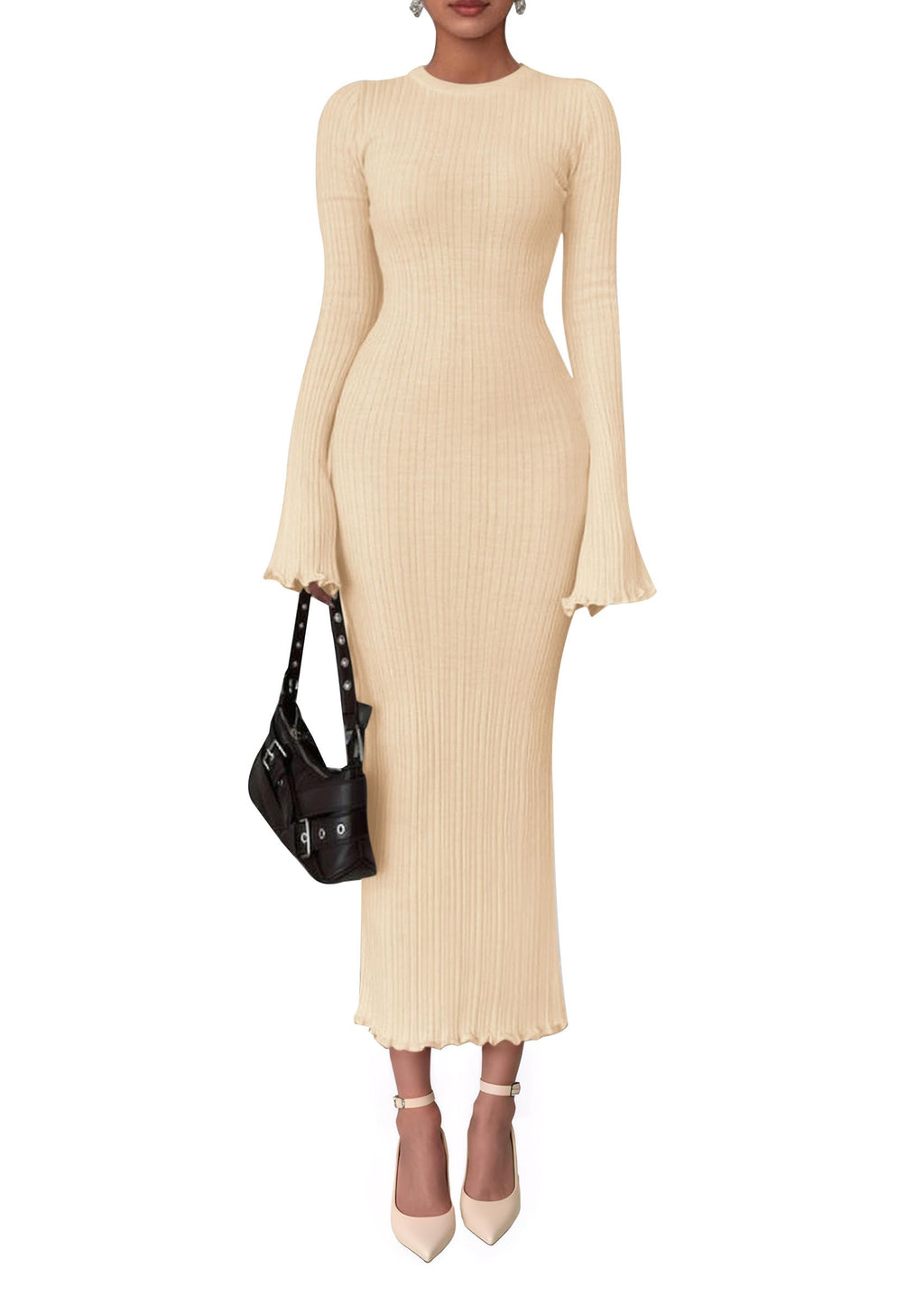 PRETTYGARDEN Sweater Dresses for Women  Fall Bell Long Sleeve Crew Neck Bodycon Maxi Dress Winter Ribbed Knit Outfits