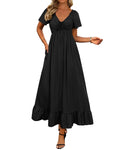 BTFBM Womens Spring Dresses Casual Short Sleeve V Neck Drawstring Wedding Guest Maxi Dresses Boho Beach Long Dress