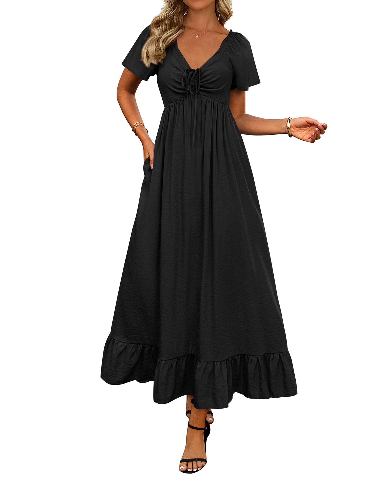 BTFBM Womens Spring Dresses Casual Short Sleeve V Neck Drawstring Wedding Guest Maxi Dresses Boho Beach Long Dress