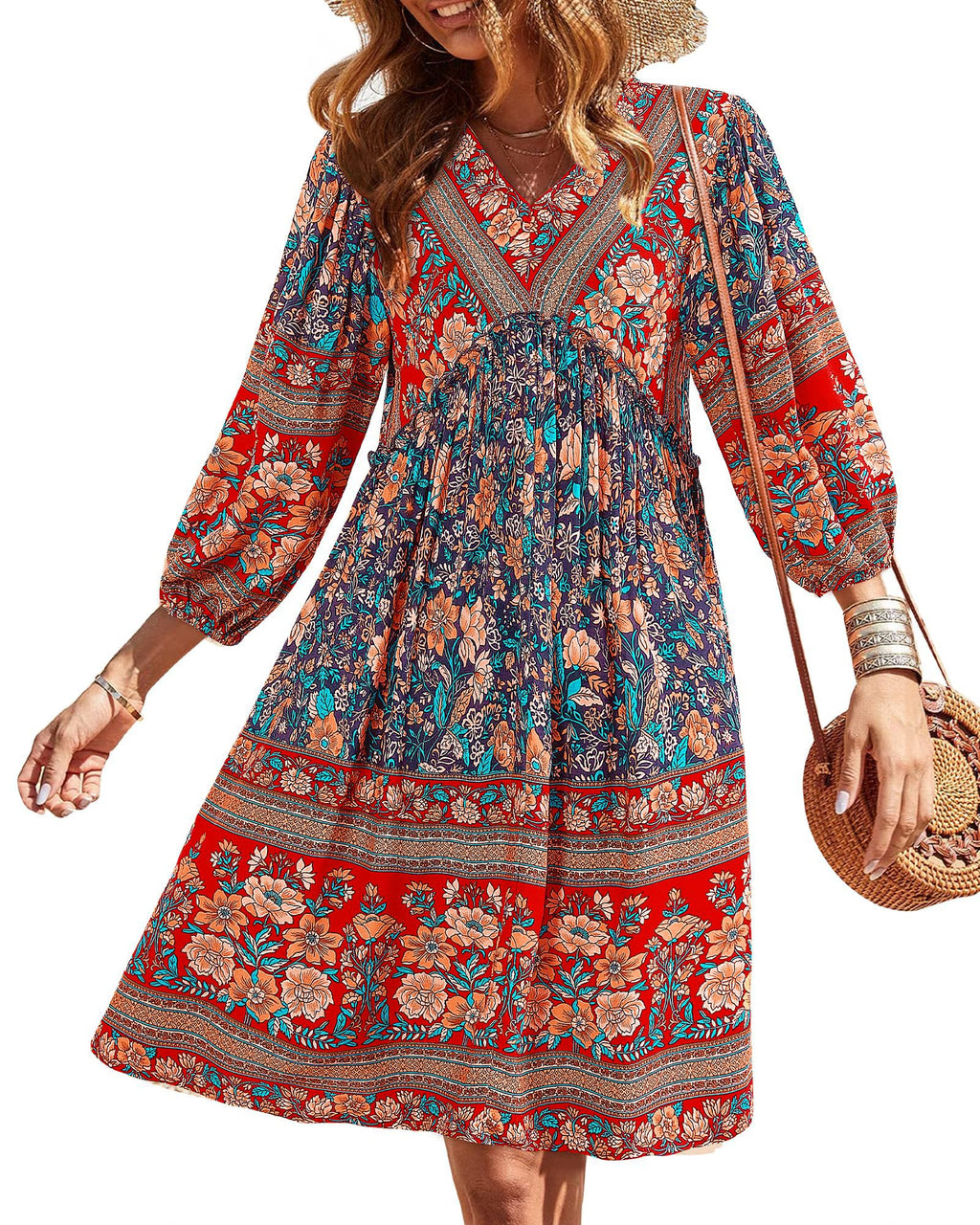 BTFBM Women Casual Spring Summer Dresses V Neck 3/4 Long Sleeve Ruffle Floral Flowy Boho Babydoll Mini Short Beach Dress