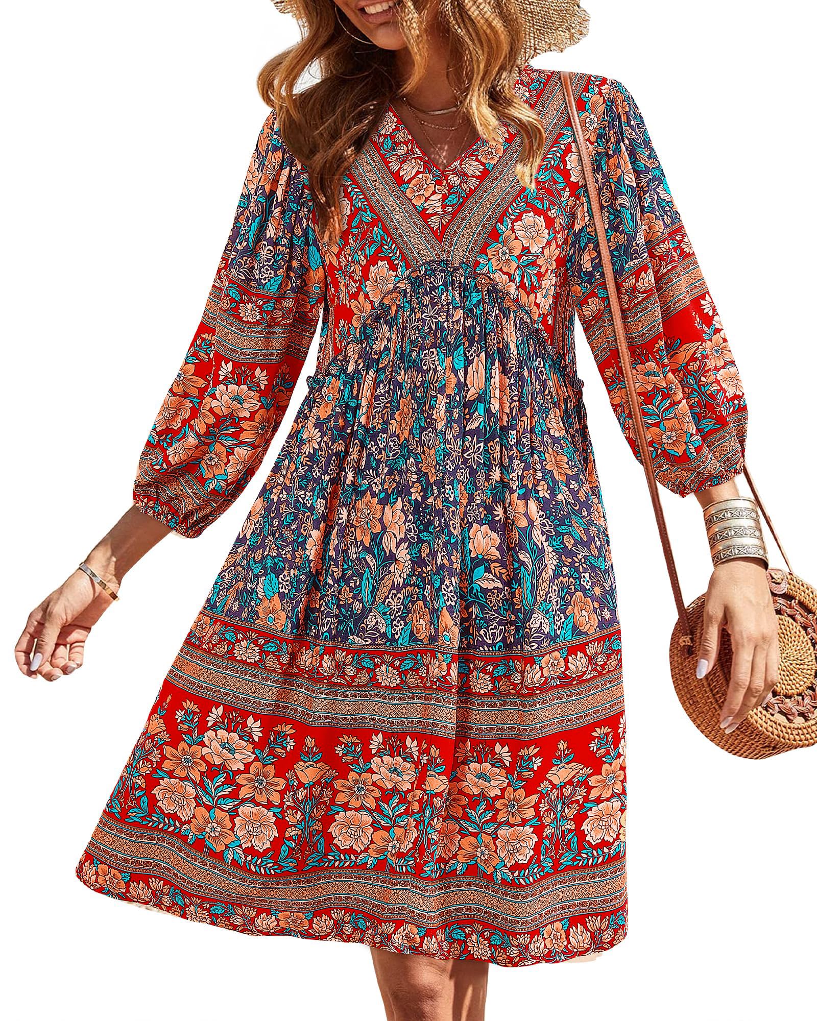 BTFBM Women Casual Spring Summer Dresses V Neck 3/4 Long Sleeve Ruffle Floral Flowy Boho Babydoll Mini Short Beach Dress