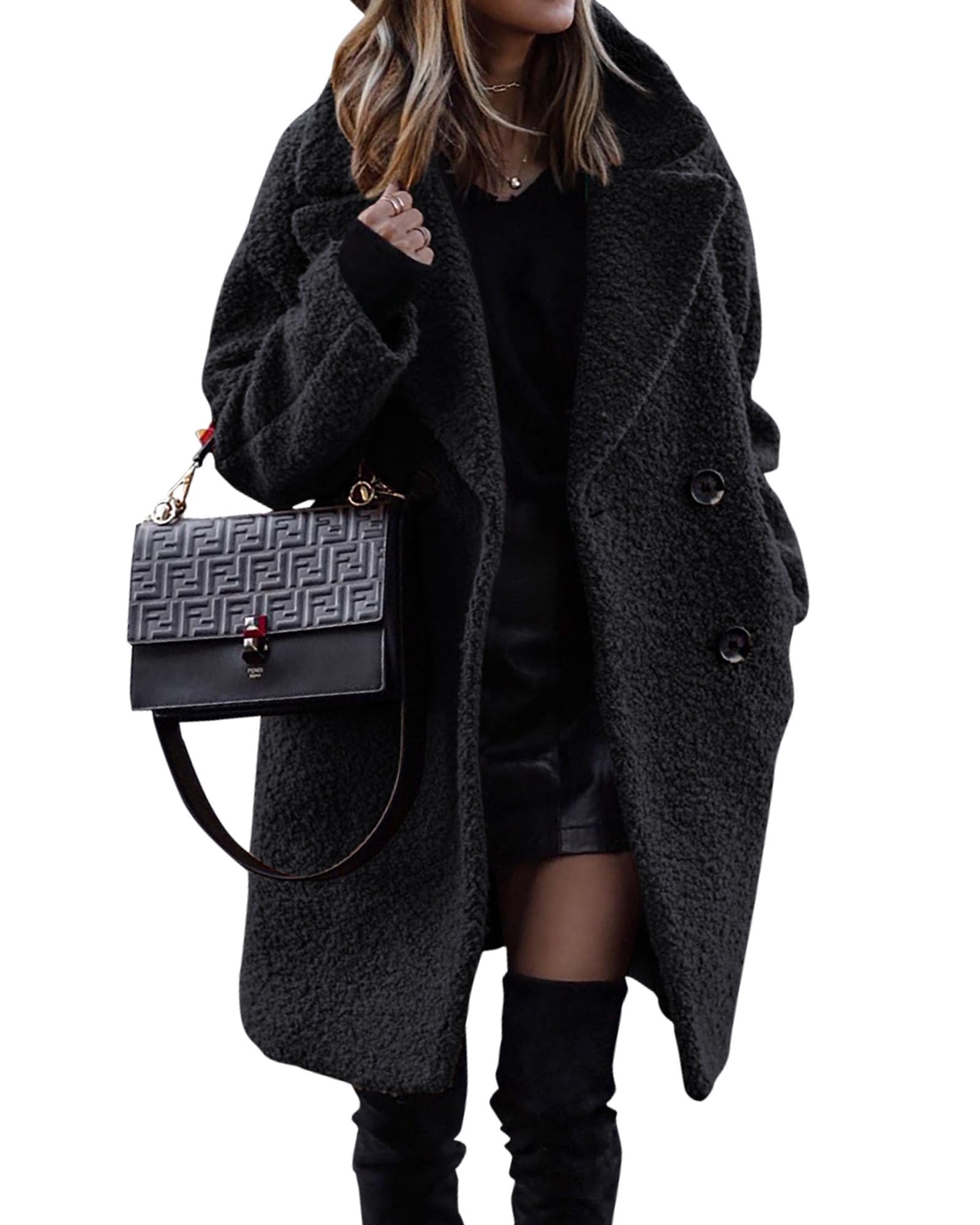 BTFBM Women Winter Faux Fur Coats Lapel Long Sleeve Fuzzy Fleece Outerwear Button Down Sherpa Jackets Fall Outfits