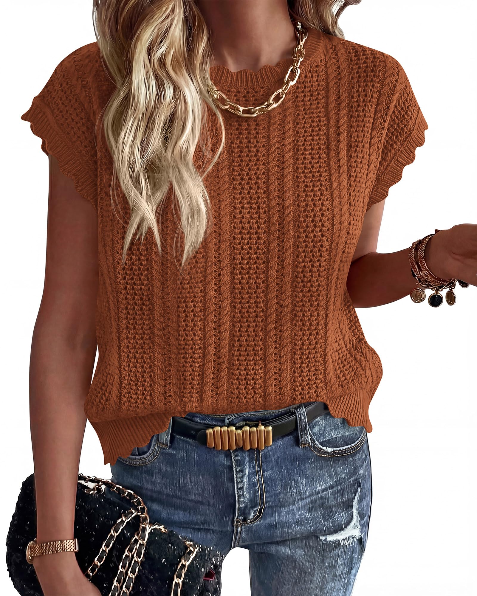 FreshPretty Sweater Vest Women Crochet Top Cap Short Sleeve Sweater Spring Summer Cable Knit Pullover Beach Vacation Outfits