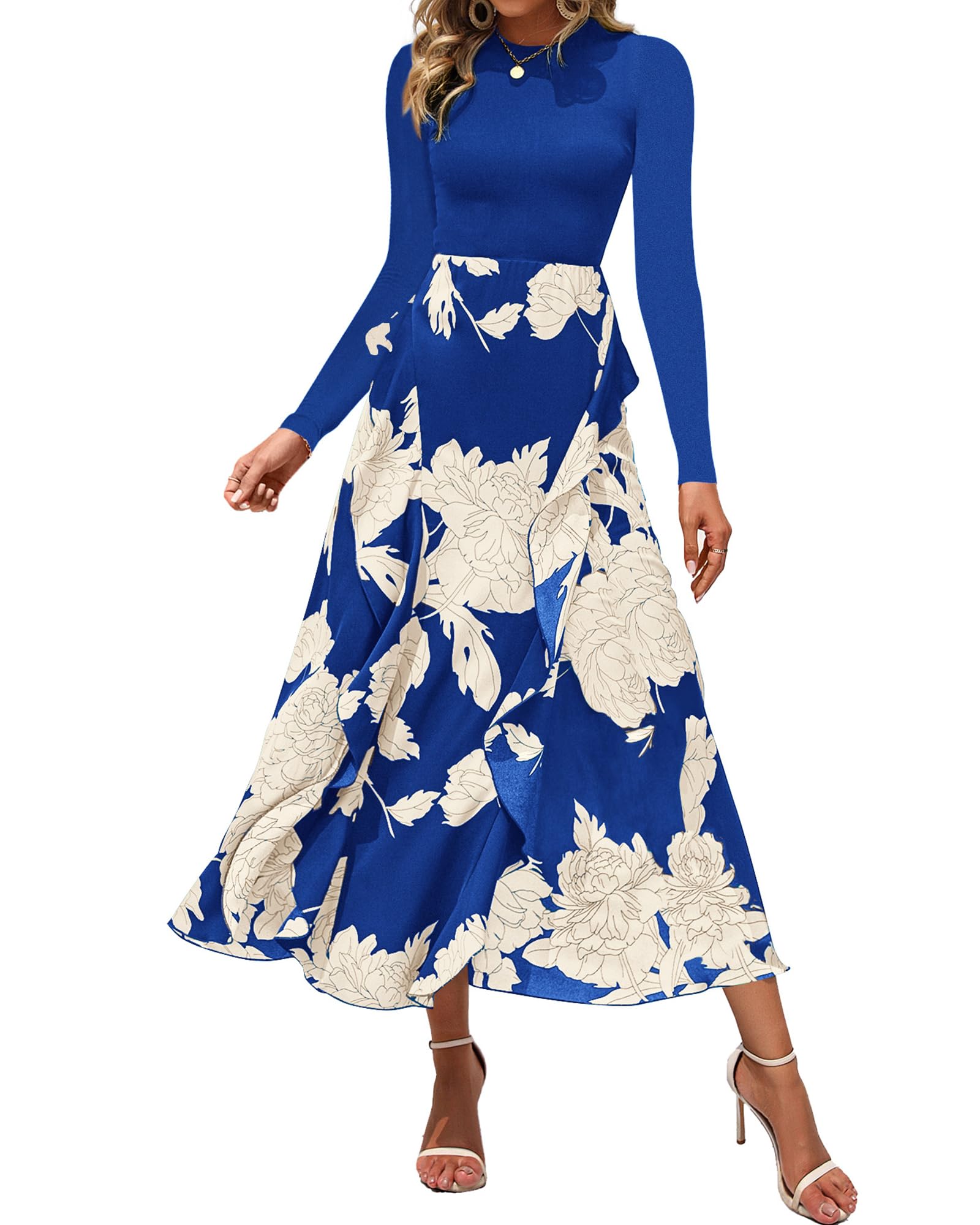 FreshPretty Womens Floral Maxi Dress Fall Casual Crewneck Long Sleeve Ruffle Flowy Cocktail Wedding Guest Dresses