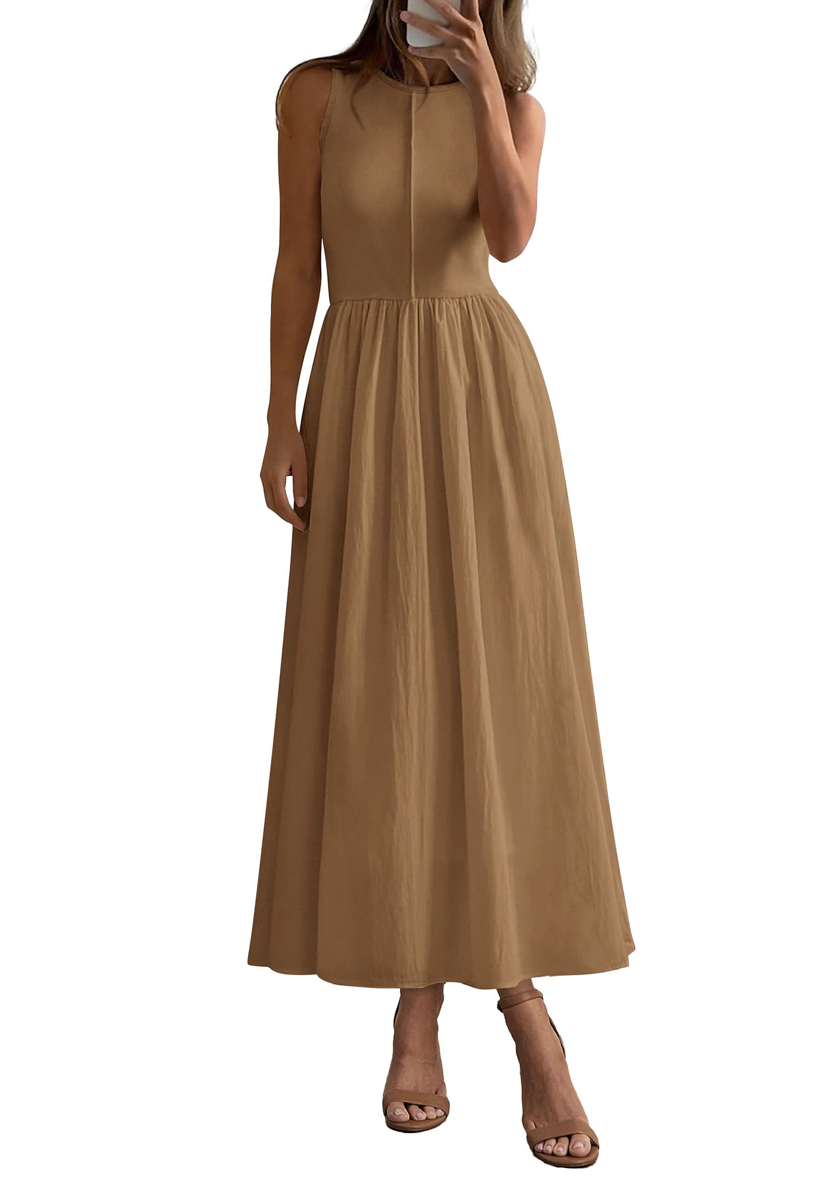 PRETTYGARDEN Maxi Dresses for Women Summer Casual Sleeveless Patchwork Flowy Vacation Sundress Knit Long Work Tank Dress