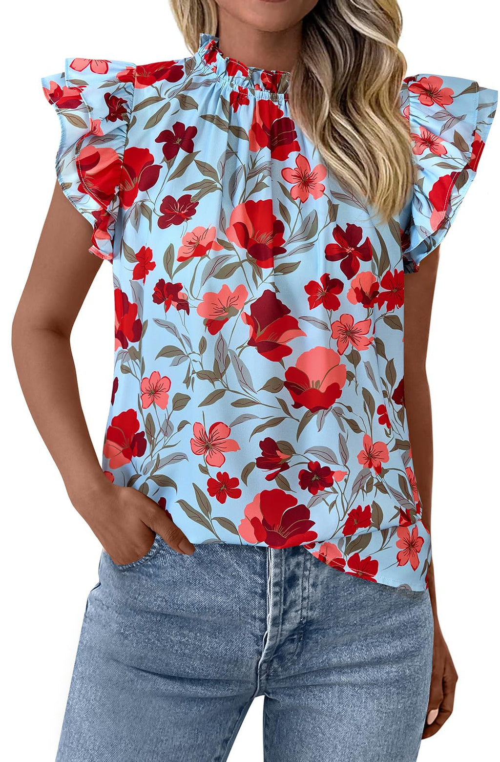 PRETTYGARDEN Women's Ruffle Short Sleeve Summer Tops Trendy Floral Trim Neck Casual Dressy Chiffon Boho Blouses Shirts
