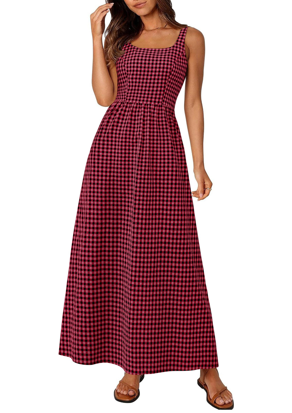 PRETTYGARDEN Women's Summer Spaghetti Strap Maxi Dresses Plaid Square Neck A Line Casual Beach Vacation Long Sundress