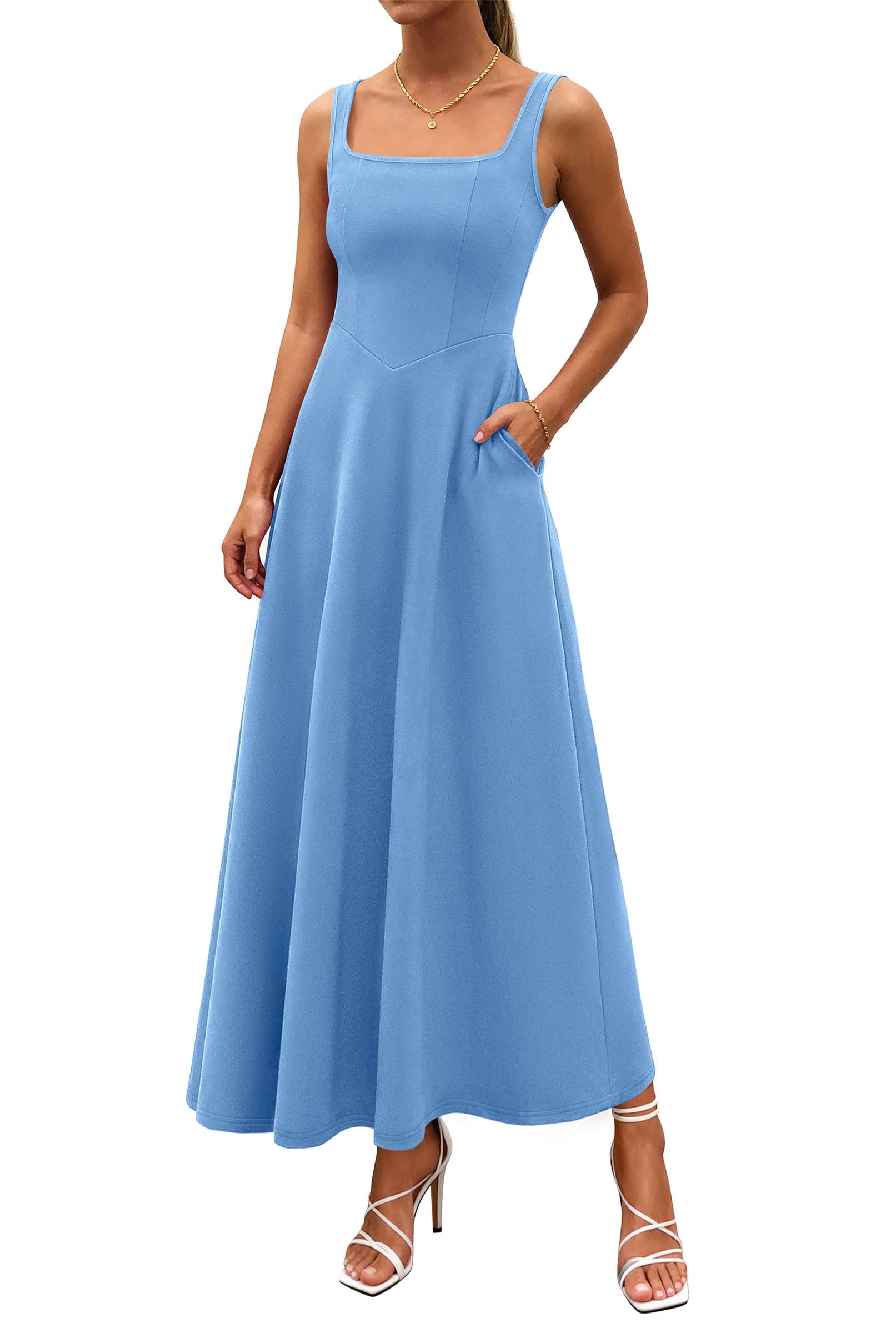 PRETTYGARDEN Womens Summer Dresses Sleeveless Elegant Square Neck Aline Swing Maxi Beach Wedding Guest Dress Pockets