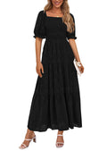 PRETTYGARDEN Women's Summer Casual Midi Dresses Square Neck Short Sleeve Smocked A Line Floral Flowy Elegant Boho Dress