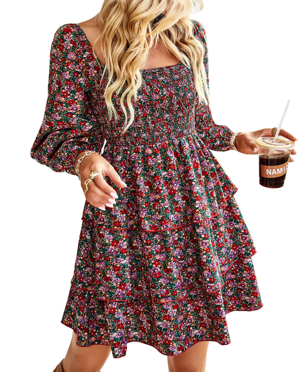 BTFBM Womens Long Sleeve Dress Summer Vacation Square Neck Smocked Floral Mini Boho Spring Wedding Guest Dresses