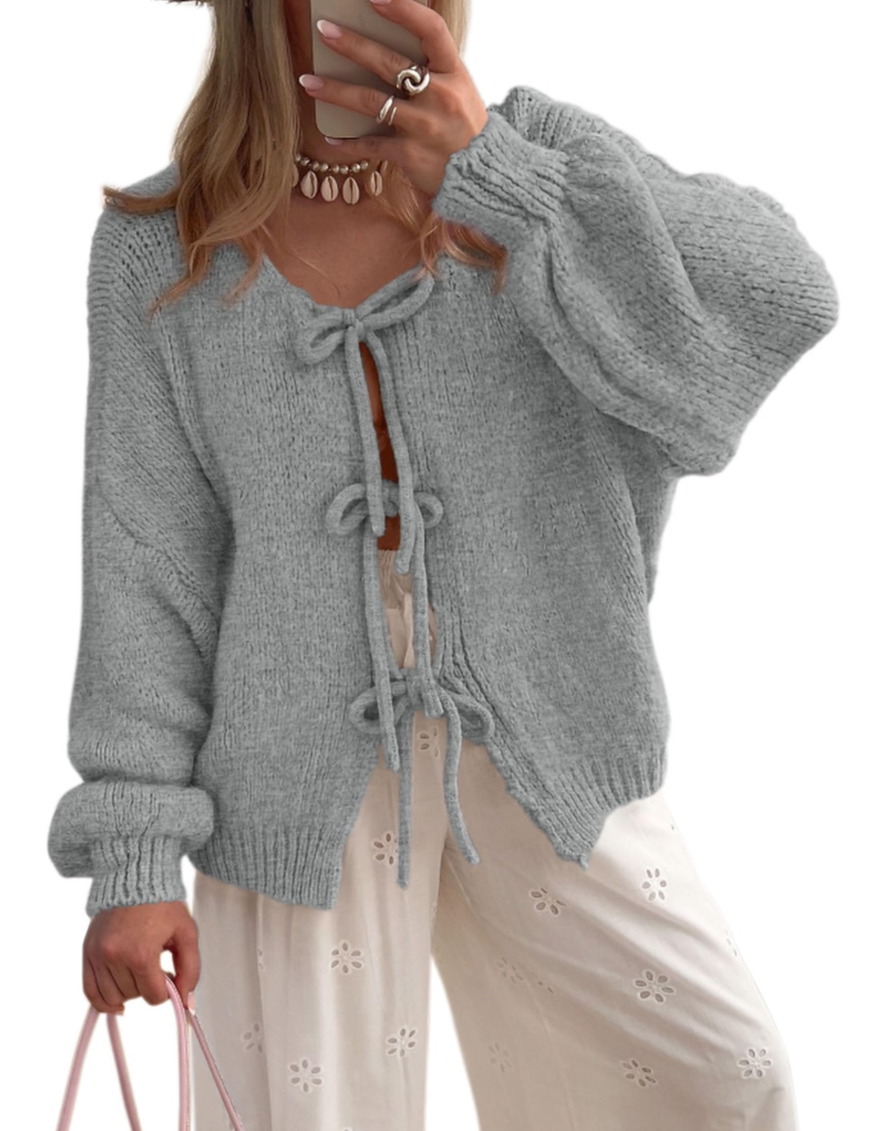 PRETTYGARDEN Women's Tie Front Bow Cardigan Sweaters Chunky Knit Long Puff Sleeve Trendy Fall Winter Jacket Coat