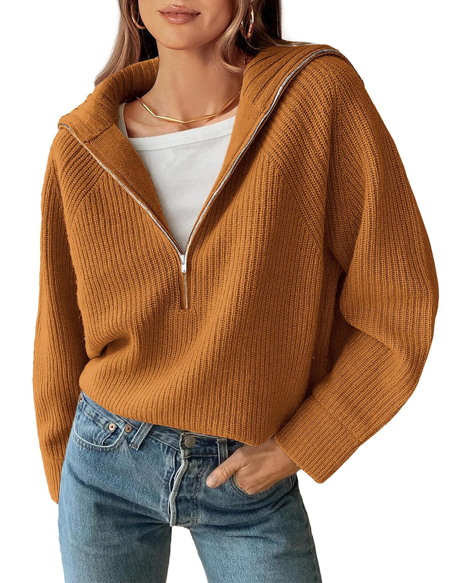 FreshPretty Womens Sweaters Quarter Zip Pullover V Neck Collar Long Sleeve Ribbed Knit Loose Casual Winter Fall Sweater