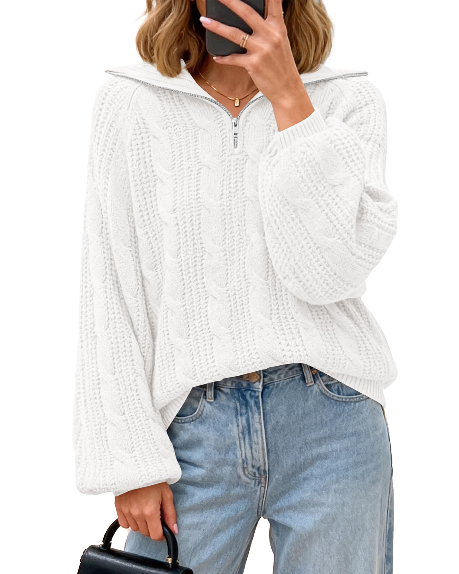 BTFBM Sweaters for Women Fall Fashion Loose Quarter Zip Pullover Collared Long Sleeve Cable Knit Winter Clothes