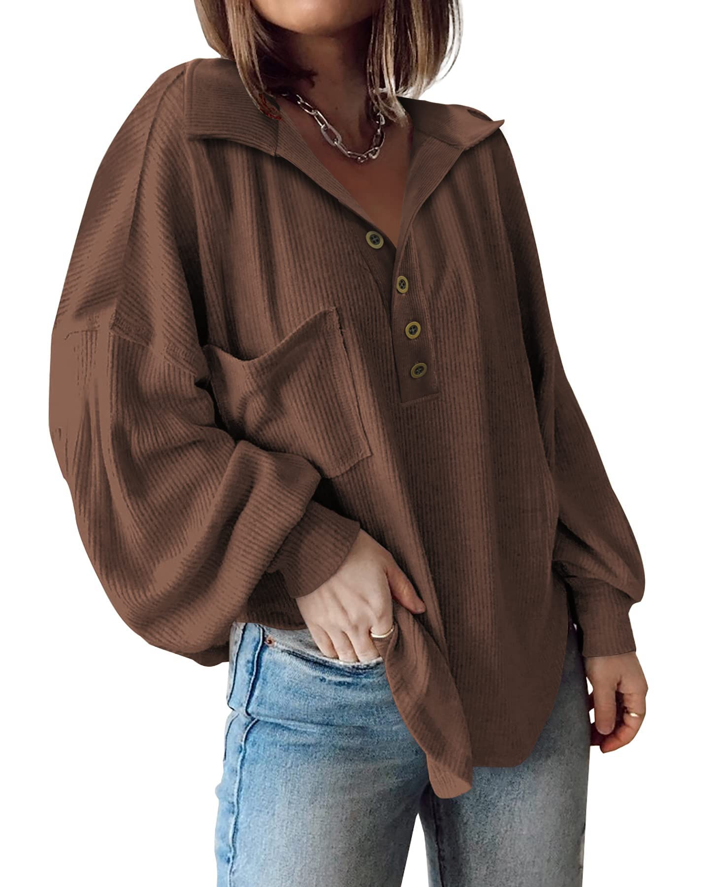 BTFBM Womens Fall Fashion Long Sleeve Shirts Casual V Neck Ribbed Knit Blouses Pullover Trendy Loose Fit Tunic Tops