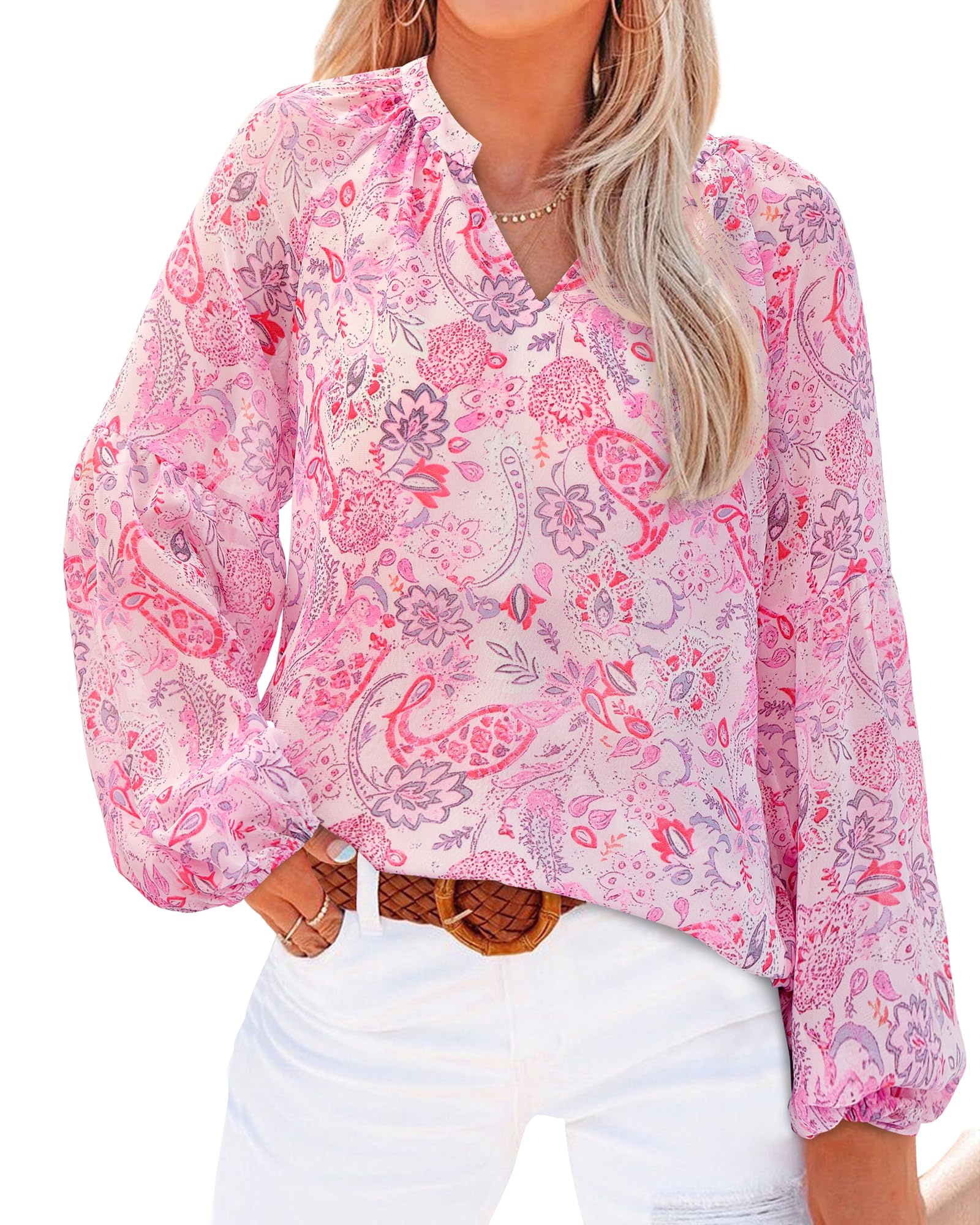 FreshPretty Blouses for Women Floral Boho Tops V Neck Lightweight Long Sleeve Shirts Fall Dressy Casual Vacation Outfits