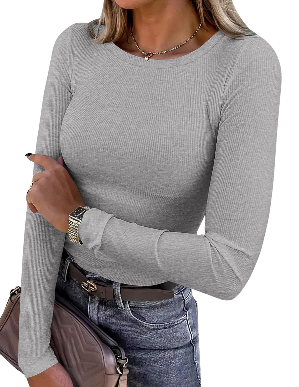 PRETTYGARDEN Women Fall Clothes Long Sleeve Shirts Ribbed Knit Fitted Basic Tee Going Out Tops Underscrub Casual Outfits