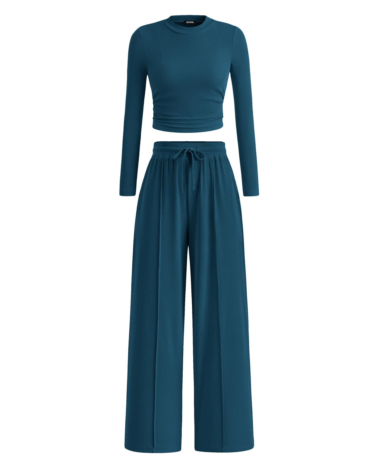 BTFBM Casual 2 Piece Sets For Women Fall Outfits Ribbed Spring Long Sleeve Crop Top Wide Leg Pants Matching Lounge Set