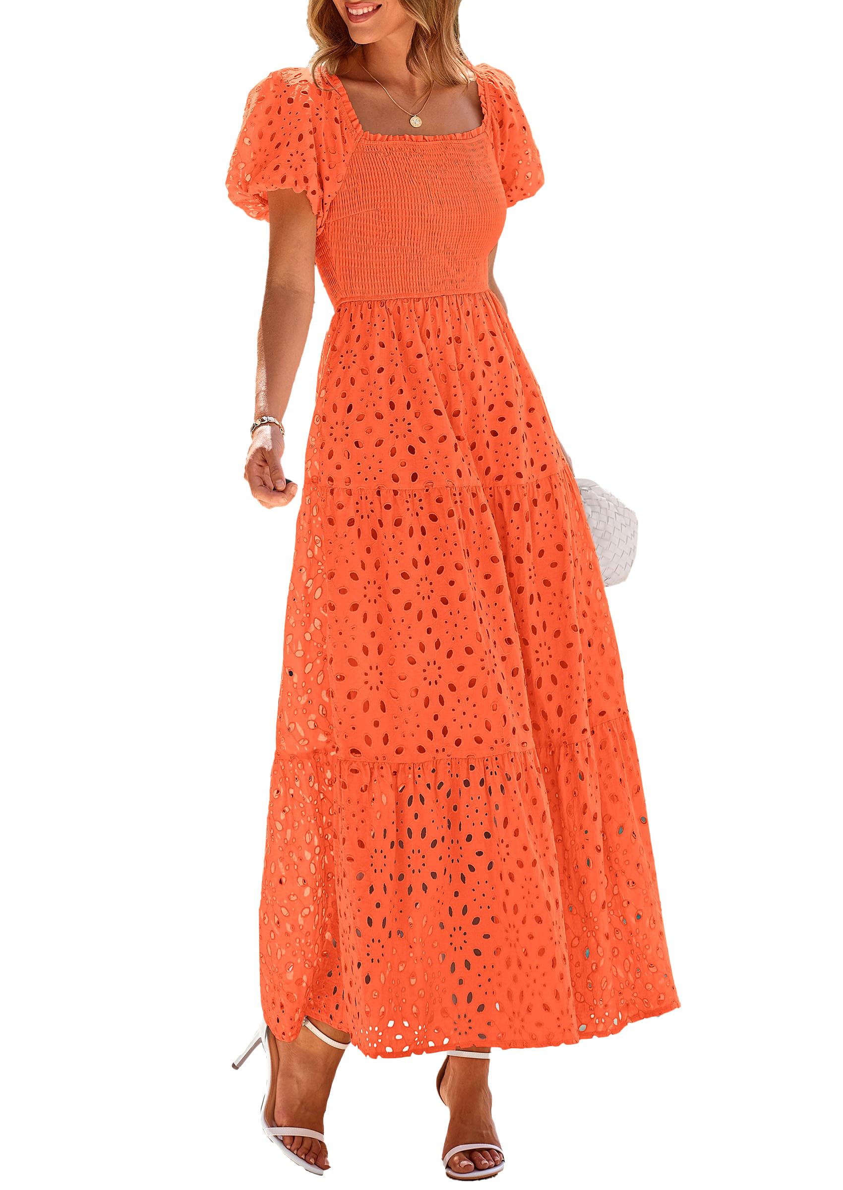 PRETTYGARDEN Summer Dresses for Women Eyelet Square Neck Puff Sleeve Smocked Wedding Guest Maxi Dress with Pockets