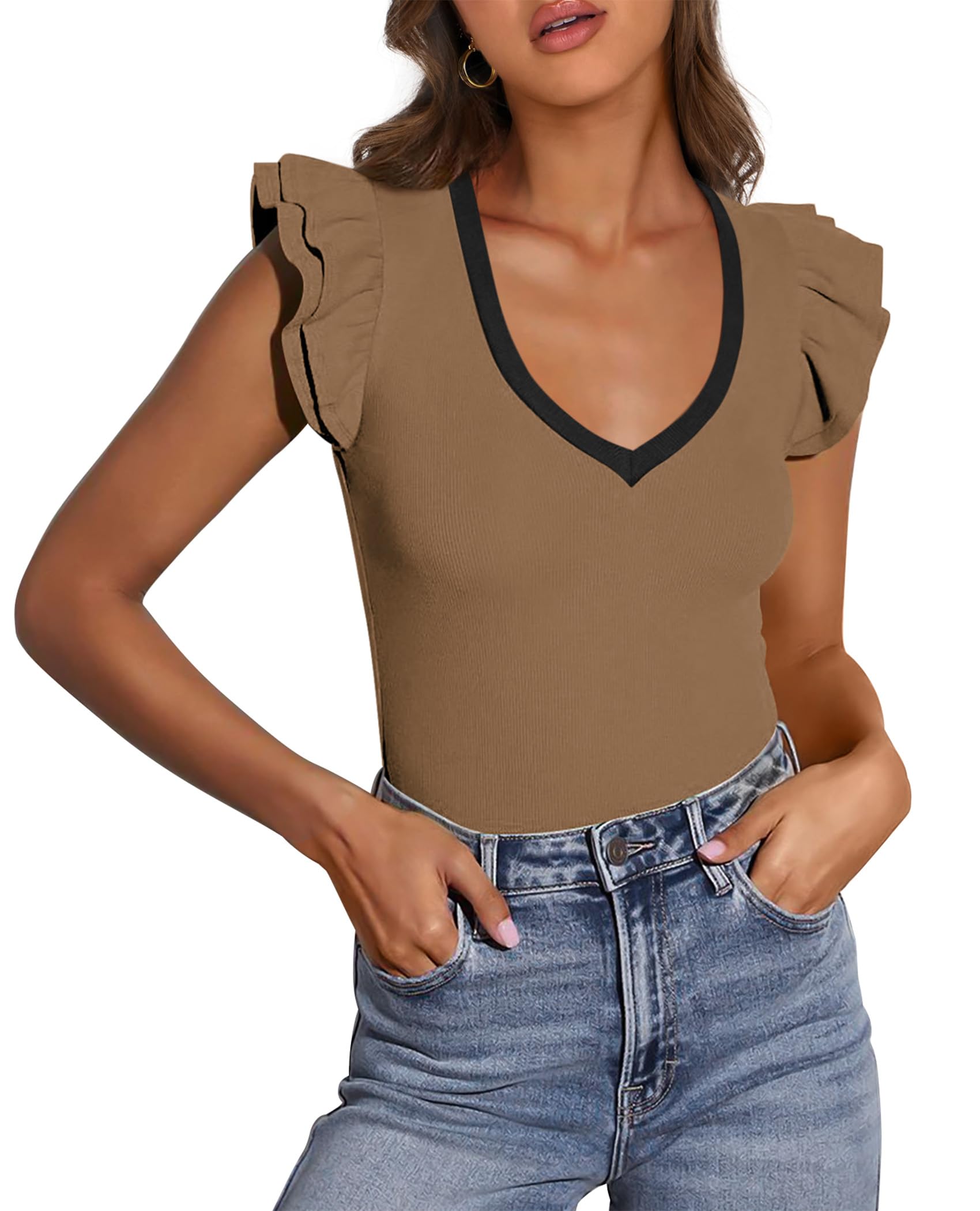 PRETTYGARDEN Womens V Neck Summer Tops Ruffle Sleeveless Slim Fit T Shirts Going Out Casual Blouses