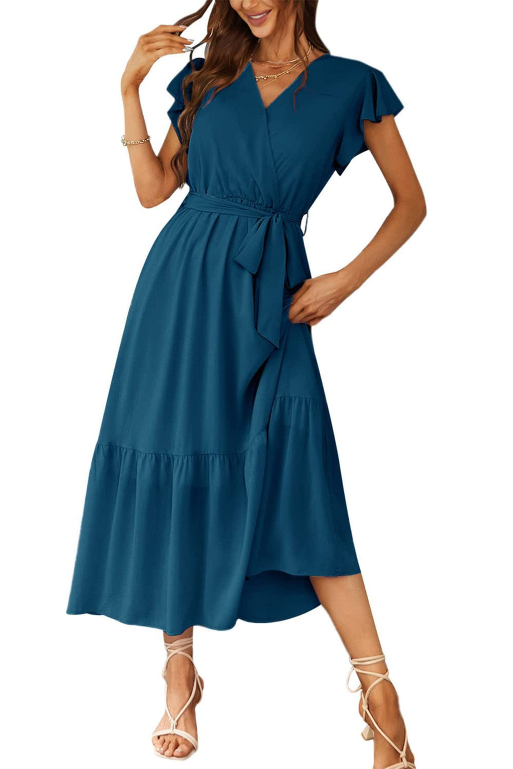 PRETTYGARDEN Women's Summer Floral Boho Maxi Dress Wrap Short Sleeve V Neck Ruffle A-Line Flowy Wedding Guest Long Dresses